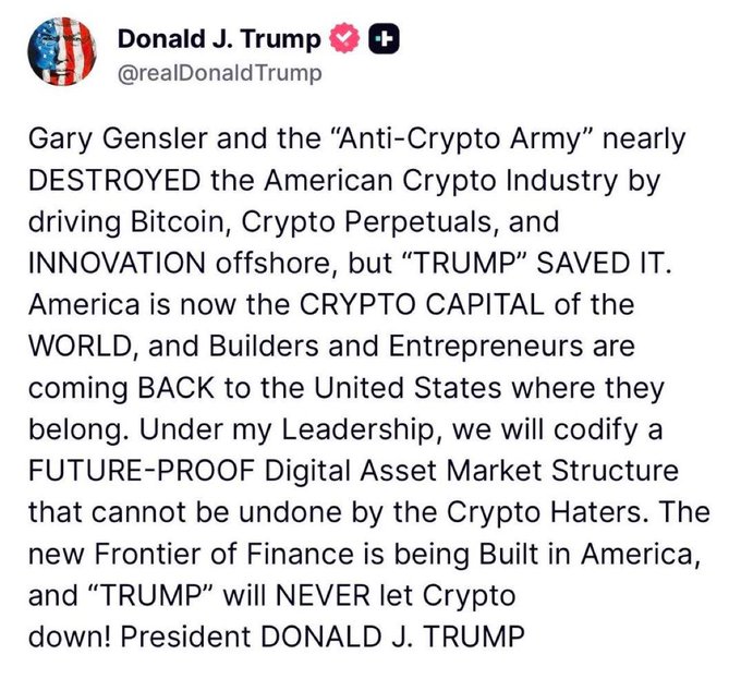 A tweet from Donald J. Trump (@realDonaldTrump) claiming he 'SAVED' the American Crypto Industry from the 'Anti-Crypto Army' and vows to build a 'FUTURE-PROOF Digital Asset Market Structure'.