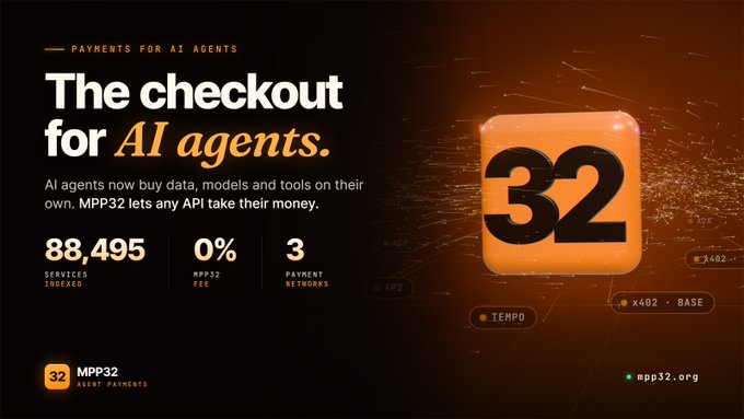 An advertisement for 'MPP32', described as 'The checkout for AI agents', highlighting that 88,495 services have been indexed with 0% fees across 3 payment networks.