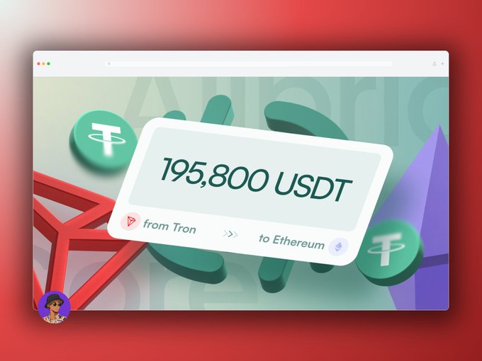 A stylized graphic showing a crypto transfer of 195,800 USDT from Tron to Ethereum, displayed in a browser window with green and purple 3D coin icons and a small character avatar in the corner.