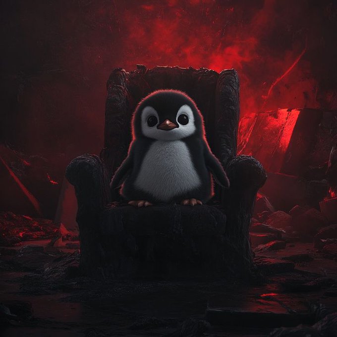 A cute baby penguin sitting on a dark throne with a dramatic red cloudy background.