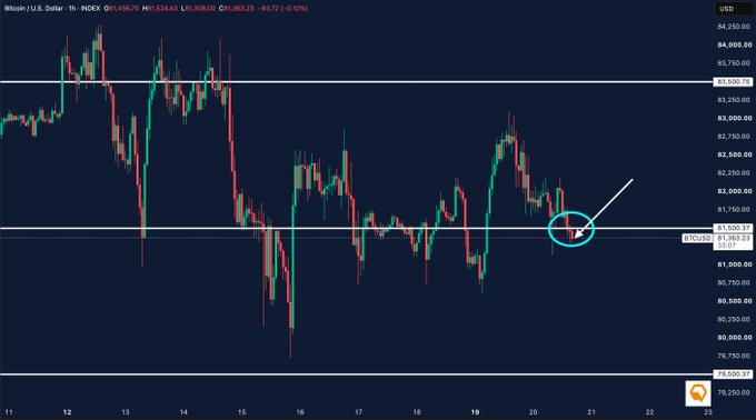 A Bitcoin/US Dollar price chart on INDEX showing current price of 81,008.03 with a white arrow and circle highlighting a specific area on the graph.