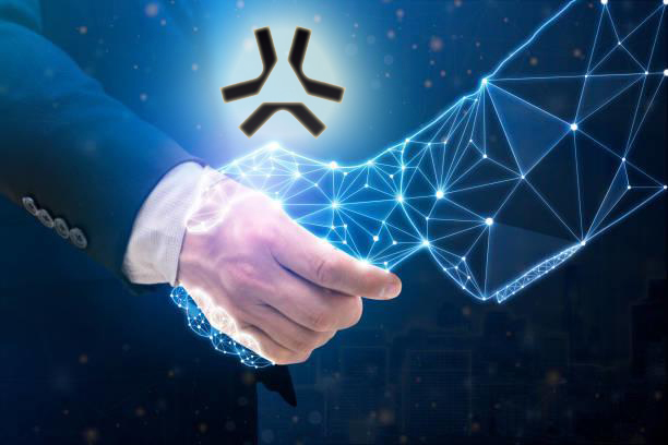 A business handshake with a glowing network graphic and a star-like symbol, suggesting digital partnership or blockchain technology.