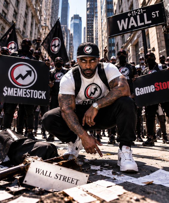 A man wearing a cap and a '$MEMESTOCK' t-shirt squats on Wall Street in front of protesters holding flags and 'GameStop' signs, pointing at a fallen Wall Street sign.