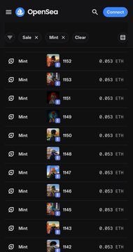 The image shows an OpenSea NFT collection listing with multiple "Mint" items numbered sequentially from 1152 down to 1142, each priced at 0.053 ETH. This corresponds to the post's update about minting 12 Ducks (reaching token #1153), as the visible listings display the recently minted duck IDs being tracked.