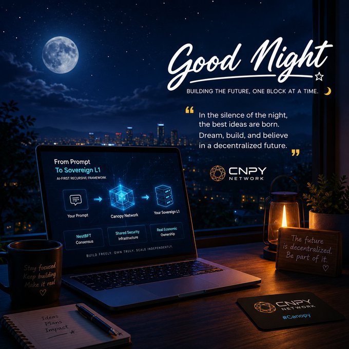 A 'Good Night' promotional image for CNPY Network, showing a laptop displaying 'From Prompt To Sovereign L1' against a moonlit city skyline, with the tagline 'BUILDING THE FUTURE, ONE BLOCK AT A TIME.'