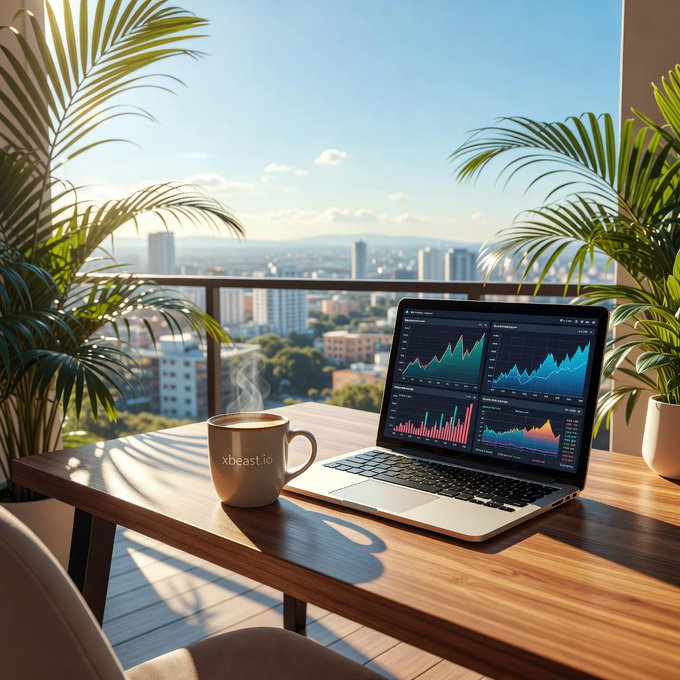 A laptop displaying stock market charts sits on a wooden desk next to a steaming mug labeled 'xbeast.io', overlooking a sunny cityscape framed by palm plants on a balcony.