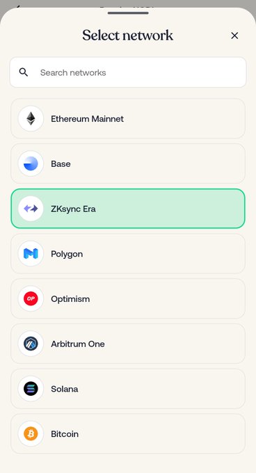 A 'Select network' menu interface showing blockchain network options including Ethereum Mainnet, Base, ZKsync Era (highlighted), Polygon, Optimism, Arbitrum One, Solana, and Bitcoin.