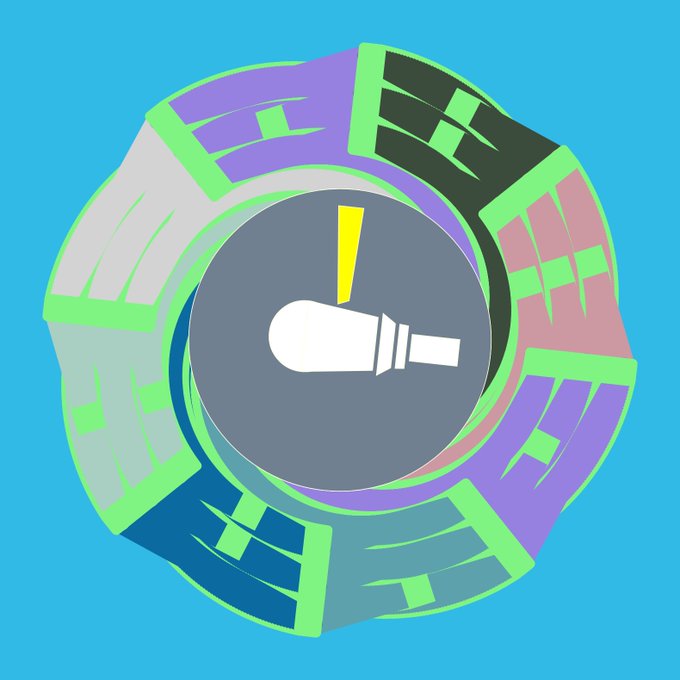 A colorful circular token featuring a megaphone icon at its center, surrounded by segmented panels in pastel shades of purple, green, pink, and white—all fitting together to form the number "8," matching the post's reference to a newly collected Eighth NFT from Art Blocks.