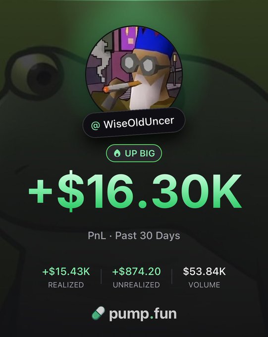 A pump.fun PnL screen for @WiseOldUncer shows a profit of +$16.30K over the past 30 days, with +$15.43K realized and +$874.20 unrealized on $53.84K volume.