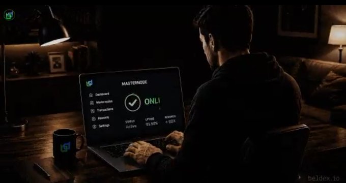 A man sits at a desk in a dimly lit room using a laptop displaying "MASTERNODE ONLINE" with an "isi" logo, with a matching branded mug beside it and "beldex.io" watermarked in the corner.