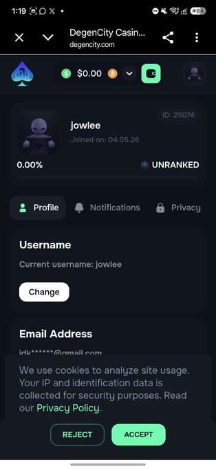 A mobile screenshot of the DegenCity Casino profile page for user 'jowlee', showing a $0.00 balance, UNRANKED status, and a cookie consent popup with REJECT and ACCEPT buttons.