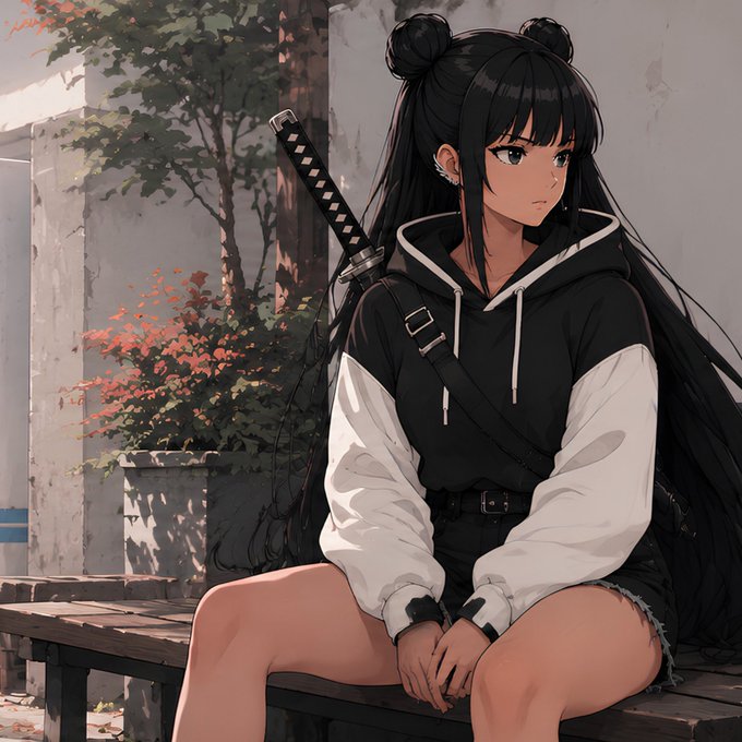 Anime-style artwork of a dark-skinned girl with long black hair in double buns, wearing a black and white hoodie and denim shorts, sitting on a wooden bench with a katana strapped to her back.