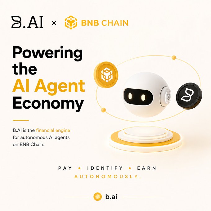 The image features a white robot with black eyes, floating above a yellow circle that has a black dot inside of it. The background of the image is white, which makes the robot stand out prominently. Below the robot, there's text that reads "POWERING THE AI Agent Economy". This text is accompanied by three coins and two blocks, all in black color. The coins are placed at different positions on the image, while the blocks are located towards the right side of the image.