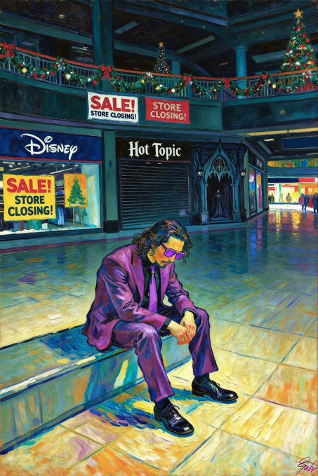 A painted artwork of a man in a purple suit and sunglasses sitting dejectedly on a bench inside a decorated, seemingly abandoned mall, with closed stores like "Disney" and "Hot Topic" displaying "SALE! STORE CLOSING!" signs amid Christmas decorations.