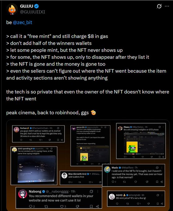 A tweet from GUJJU (@gujjuixi) criticizing zec.bit for issues with their 'free mint' NFT process, highlighting complaints that NFTs and money are disappearing after listing.