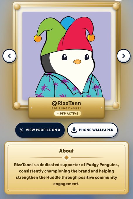 A profile card for @RizzTann (Big Pudgy #3931) featuring a penguin in a colorful jester hat and blue patterned hoodie, with options to view profile on X or set as phone wallpaper.