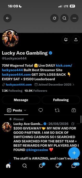 A Twitter profile for 'Lucky Ace Gambling' (@Luckyace444) shows 7.3K following and 10.9K followers, with a pinned post advertising a $200 giveaway for a new partner at @kingzcasino.
