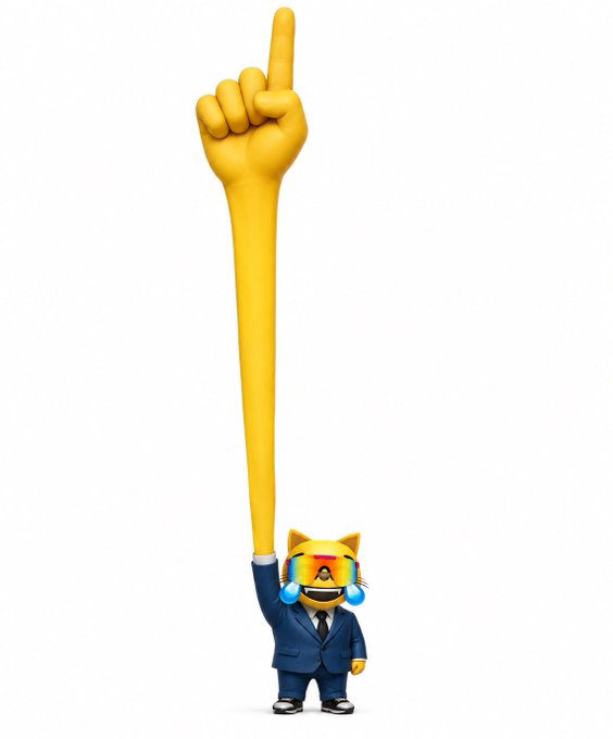 A yellow cat emoji character in a blue business suit with rainbow VR goggles stands beneath an exaggerated giant yellow hand pointing upward.