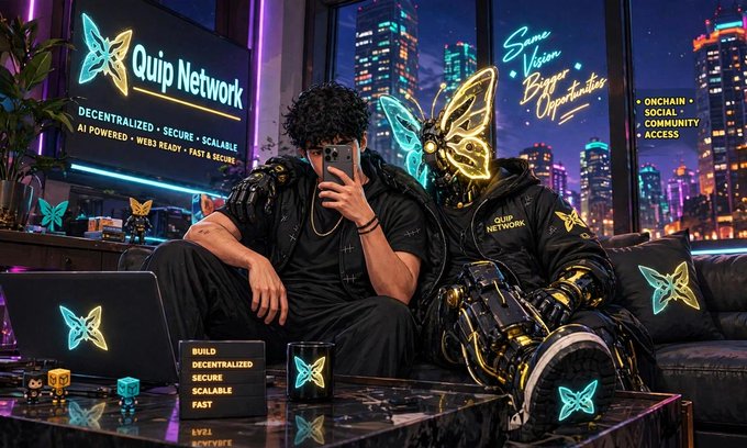 Two figures sit on a couch in a neon-decorated cyberpunk lounge promoting 'Quip Network', described as 'DECENTRALIZED • SECURE • SCALABLE'.