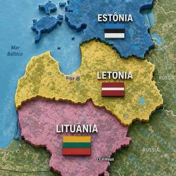 A map showing the Baltic states of Estonia (blue), Latvia (yellow), and Lithuania (pink) with their respective national flags, bordered by the Baltic Sea and Russia.