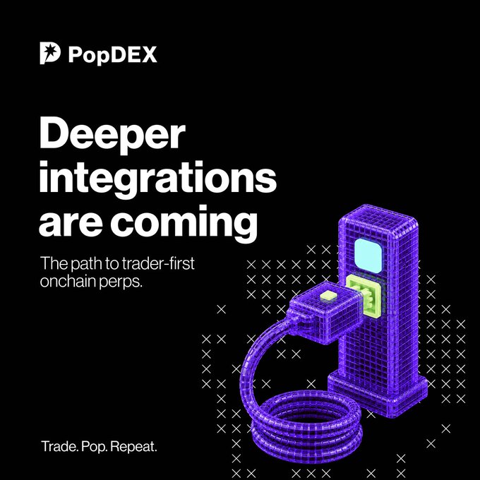 A promotional graphic for PopDEX featuring a stylized purple 3D wireframe illustration of a gas pump with a coiled hose on a black background with X-pattern detailing. The text reads "Deeper integrations are coming — The path to trader-first onchain perps," along with the tagline "Trade. Pop. Repeat." and the PopDEX logo, visually supporting the announcement of upcoming broker, terminal, and wallet partner integrations.