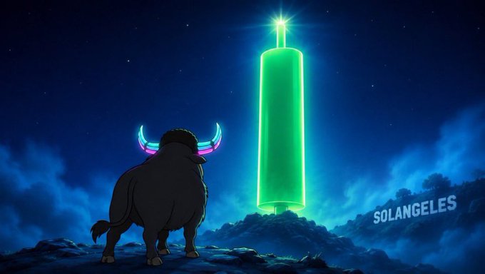 An artistic illustration of a bull with glowing neon horns gazing at a massive green glowing monolith, with the text 'SOLANGELES' visible.