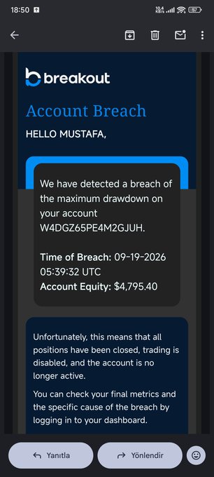 An email notification from Breakout Prop firm informing user Mustafa that his account (W4DGZ65PE4M2GUH) has been breached due to maximum drawdown, with a final account equity of $4,795.40, dated 09-19-2026. The image illustrates the failed prop firm attempt referenced in the post, where the trader was close to getting funded on the $5K BTCUSD trade but fell just $20 short, resulting in the account being disabled.