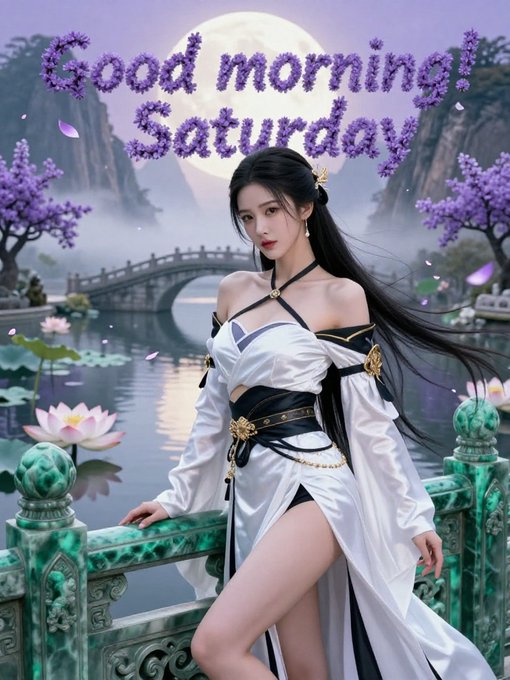A 'Good morning! Saturday' greeting card features a digital illustration of an Asian woman in elegant white and black traditional attire standing on an ornate bridge surrounded by lotus flowers and a moonlit garden landscape.
