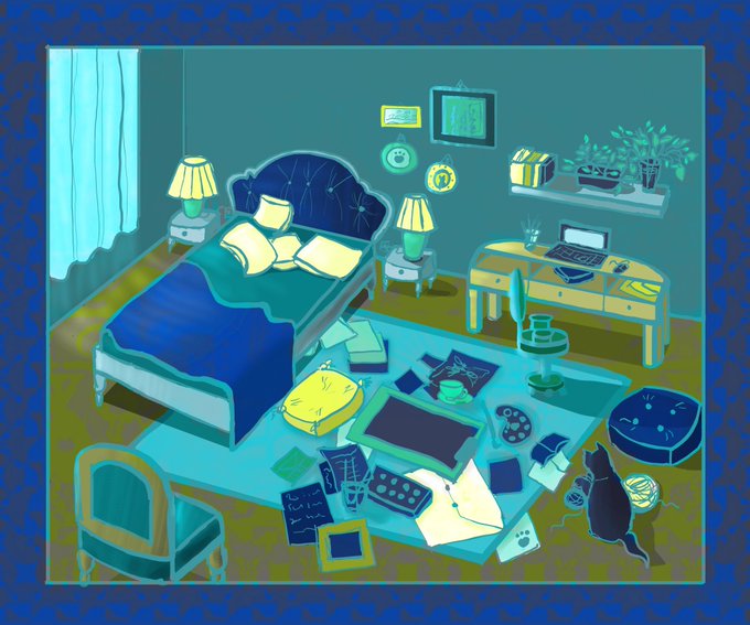 An isometric illustration of a blue-toned bedroom featuring a bed, desk with a laptop, scattered items on the rug, and a black cat.