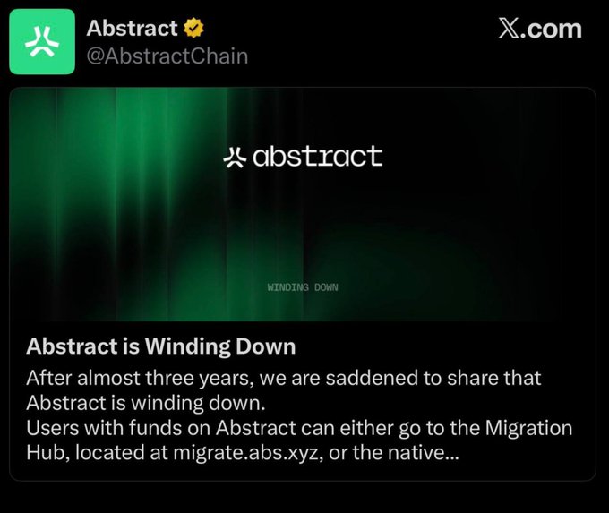 An X.com post from @AbstractChain announcing that 'Abstract is Winding Down' after almost three years, directing users to a migration hub.