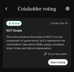 A mobile screen shows a 'Coinholder voting' interface for an 'Active' NUT Scope vote, closing Sep 14, regarding NSM coinholder governance views with options for Forum discussion and Start voting.