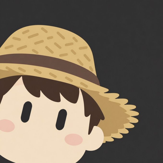 A cute cartoon illustration of a character wearing a straw hat with dark hair and simple dot eyes against a black background.