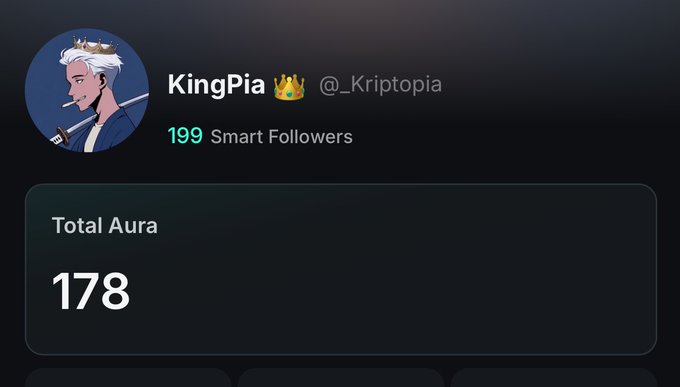 Digital profile interface showing 'KingPia' @_Kriptopia with 199 Smart Followers and a Total Aura of 178.