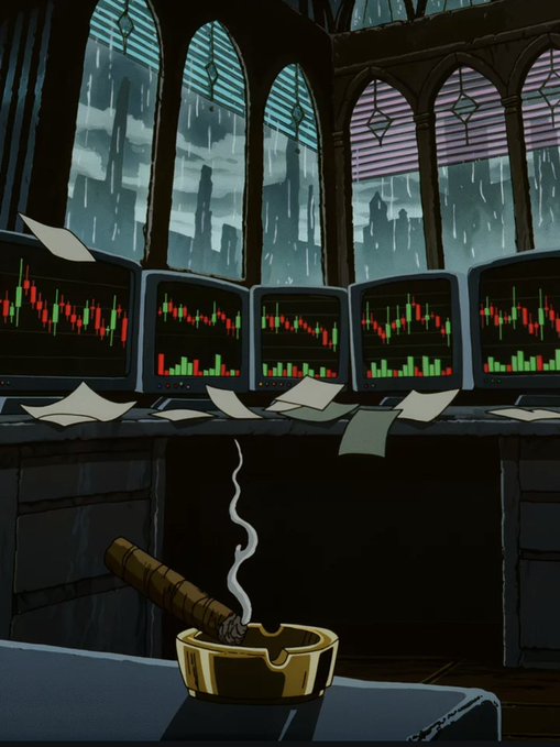 A row of trading monitors displays red and green candlestick charts across a dark desk scattered with papers, while a smoldering cigar rests in a golden ashtray in the foreground, beneath arched gothic windows overlooking a rainy cityscape. The scene captures the moody, high-stakes atmosphere of volatile "meme stock" trading being aggregated for the upcoming October launch teased by SuitVentures.