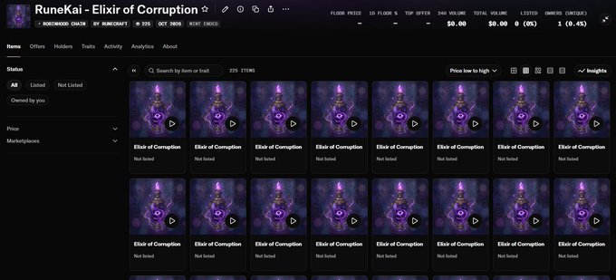 A screenshot of a RuneKai marketplace collection titled “Elixir of Corruption,” showing 25 items in a grid and a counter reading “1 (0.4%).” It relates to the announced upcoming airdrop for RuneKai NFT holders: holding 1 RuneKai receives 1 Elixir, while holding 5 receives 5 Elixirs.