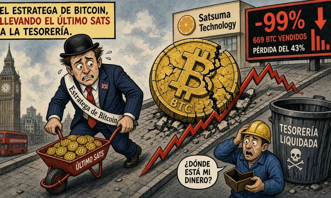 A satirical illustration showing a distressed 'Bitcoin Strategist' pushing a wheelbarrow labeled 'ÚLTIMO SATS' with a cracked Bitcoin and -99% loss indicator, while a worker asks '¿DÓNDE ESTÁ MI DINERO?' next to a 'TESORERÍA LIQUIDADA' trash can.
