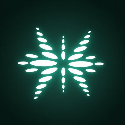Glowing green abstract logo or emblem composed of small dots arranged in a symmetrical star-like pattern on a dark background.