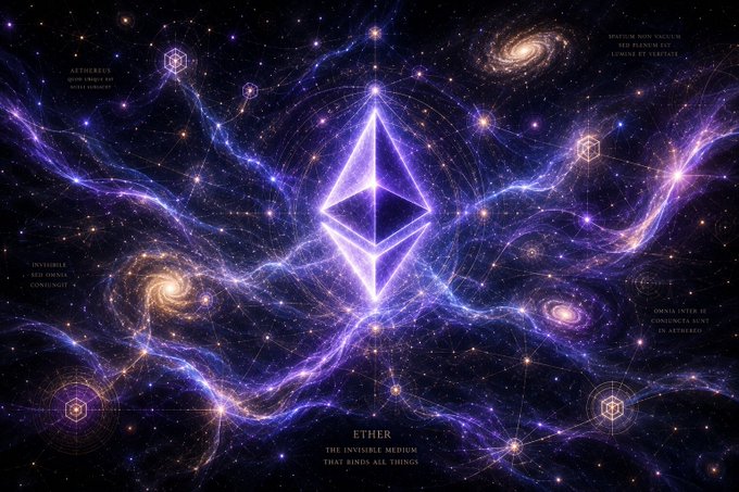 The image features a digital illustration of a starry night sky with numerous stars, planets, and nebulae. The central focus of the image is an eye-catching purple gemstone surrounded by a network of lines that resemble cosmic rays or energy waves. The background of the image is dark blue, which contrasts with the vibrant colors of the gemstone and the celestial elements in the foreground. The caption below the image reads: "Decentralize the world: No gatekeepers for payments - No single point of failure for apps - No permission to access global liquidity Ethereum is the coordination engine that makes this possible."