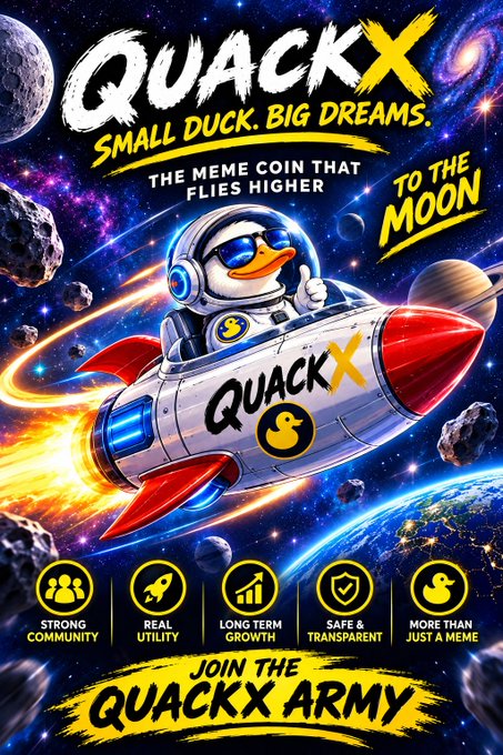 A promotional poster for 'QUACKX' meme coin featuring a duck astronaut riding a rocket through space, with slogans 'SMALL DUCK. BIG DREAMS.', 'TO THE MOON', and 'JOIN THE QUACKX ARMY'.