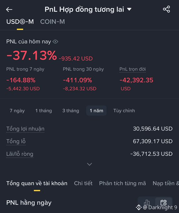 A cryptocurrency trading app screenshot showing PnL for USDⓈ-M Futures in Vietnamese, with a daily PnL of -37.13% (-935.42 USD) and 30-day PnL of -411.09% (-8,234.32 USD).