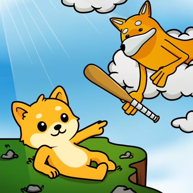 A cartoon Shiba Inu dog sits on a grassy cliff pointing up at a heavenly "dogfather" Shiba floating on a cloud and handing down a baseball bat, symbolizing the birth and legacy of the Bonk token on the BNB Chain.