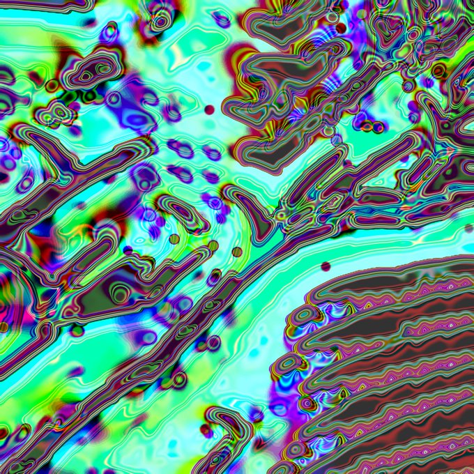 An abstract psychedelic image with swirling patterns in green, purple, black, and magenta colors creating a fluid, marbled visual effect.