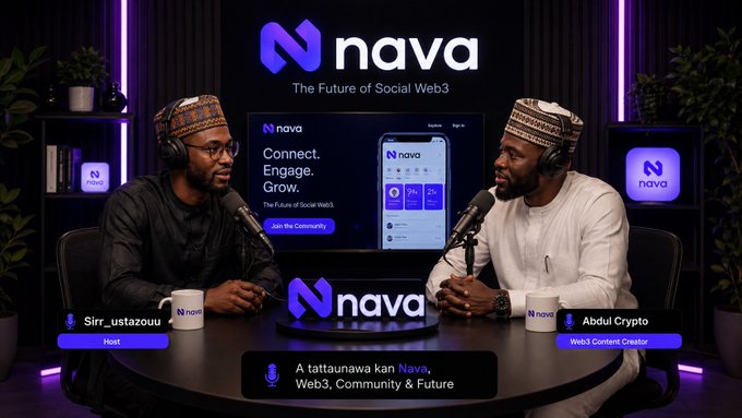 A podcast or talk show setup with two men wearing headsets at a desk with 'nava' branding, featuring the tagline 'The Future of Social Web3' and 'Connect. Engage. Grow.' The hosts are labeled 'Sirr_ustazouu' (Host) and 'Abdul Crypto' (Web3 Content Creator), with a topic caption 'A tattaunawa kan Nava, Web3, Community & Future'.