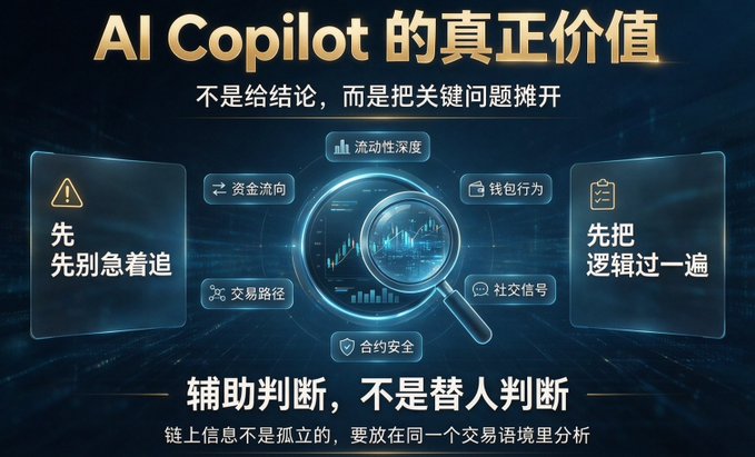 The image features a dark blue tech-themed infographic with the Chinese headline "AI Copilot 的真正价值" (The True Value of AI Copilot) and the subheading "不是给结论，而是把关键问题摊开" (Not giving conclusions, but laying out the key questions). It centers on a magnifying glass over a candlestick chart, surrounded by labels for on-chain analysis factors including 流动性深度 (liquidity depth), 资金流向 (capital flow), 钱包行为 (wallet behavior), 社交信号 (social signals), 合约安全 (contract safety), and 交易路径 (trading path), with side panels advising "先别急着追" (don't rush to chase) and "先把逻辑过一遍" (review the logic first), and a footer reading "辅助判断，不是替人判断" (assist judgment, don't replace it).

The graphic visually reinforces the post's theme by illustrating how Velvet Capital's AI Copilot helps traders navigate the fragmented on-chain information landscape—not