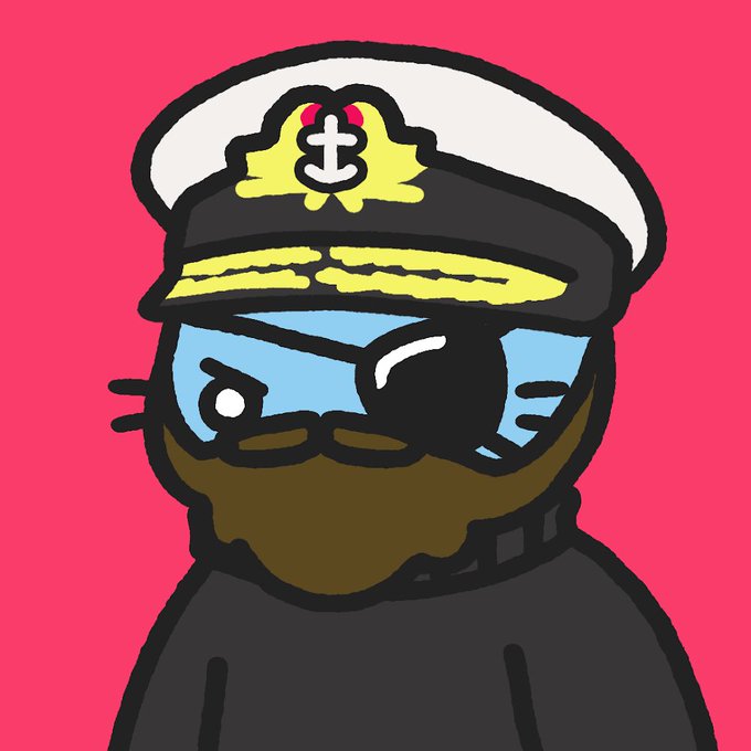 A cartoon character wearing a naval officer's cap with gold detailing and an anchor emblem, sporting a brown beard, an eye patch, and a serious expression against a bright pink background.