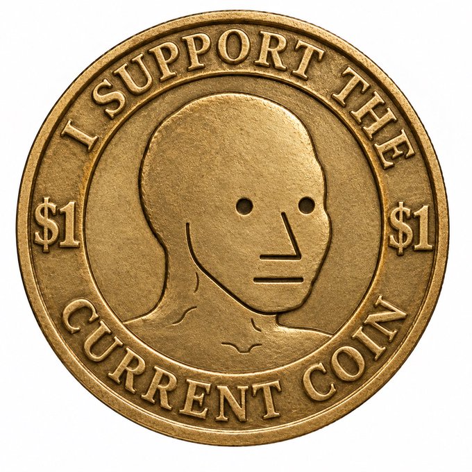 A gold coin featuring a stylized human face and the embossed text “I SUPPORT THE $1 CURRENT COIN.”
