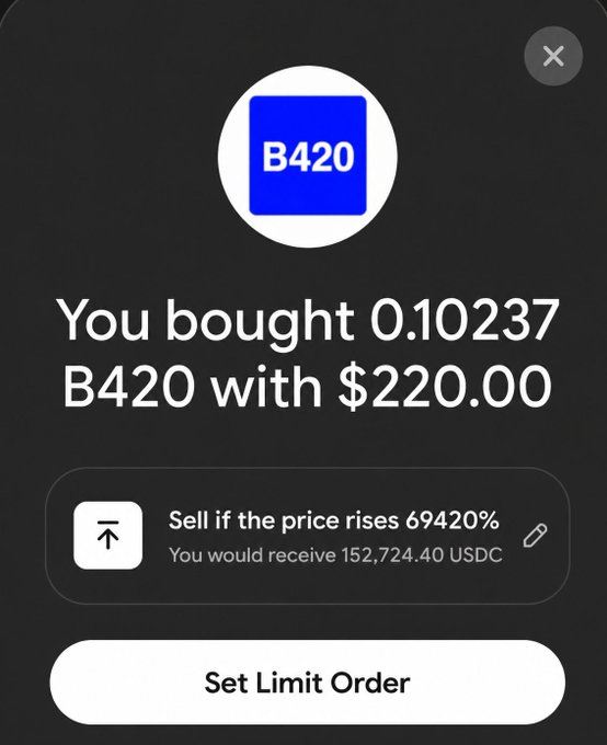 A crypto trading confirmation pop-up showing a purchase of 0.10237 B420 tokens for $220.00, with an option to set a limit sell order if the price rises 69420%.