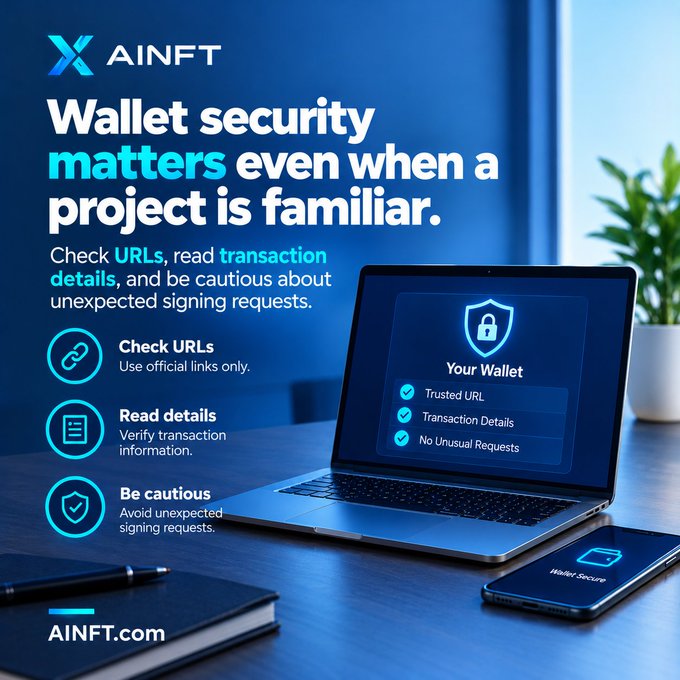 A promotional graphic from AINFT emphasizing wallet security with the headline 'Wallet security matters even when a project is familiar.' It advises users to check URLs, read transaction details, and be cautious about unexpected signing requests, featuring icons next to each tip and a laptop displaying a 'Your Wallet' security checklist alongside a smartphone labeled 'Wallet Secure.' The website AINFT.com is shown at the bottom.