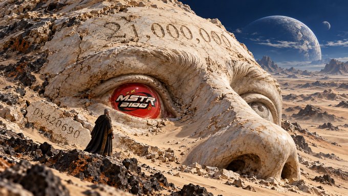 A hooded figure stands on a rocky outcrop, dwarfed by a colossal desert face carved with "21,000,000" and a glowing red "MSTR2100" eye, under a sky featuring a large planet—evoking the post's symbolic call that the 21 million Bitcoin cap and MSTR2100 meme coin are watching from above.