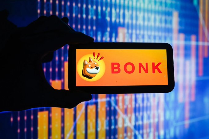 Hand holding a smartphone displaying the BONK (Bonk) crypto logo against a background of colorful stock/crypto market charts.